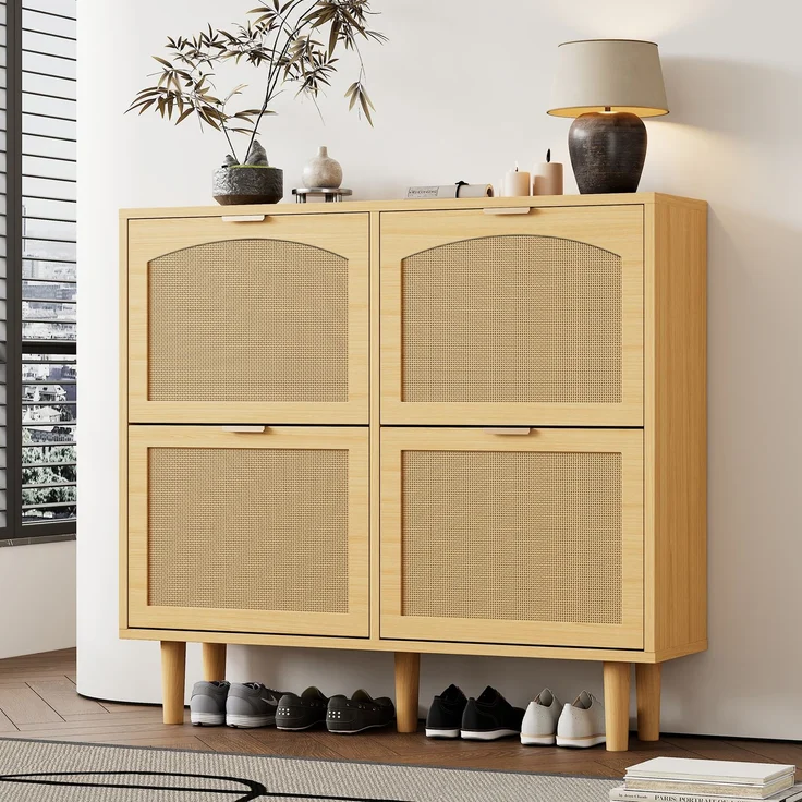 Merax Schuhschrank, Schuhkommode, mit 4 Klappschubladen, Schuhkommode aus Rattan mit Metallgriffen, Schuhregal, Oak – Bild 3