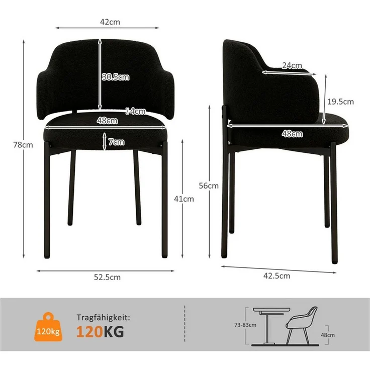 Puluomis Esszimmerstuhl Set mit gebogene Rücklehne und Armlehne, Boucle weiß / schwarz (2 St), 2/4/6/8er Küchenstühle Küchenstühle Polsterstuhl – Bild 3