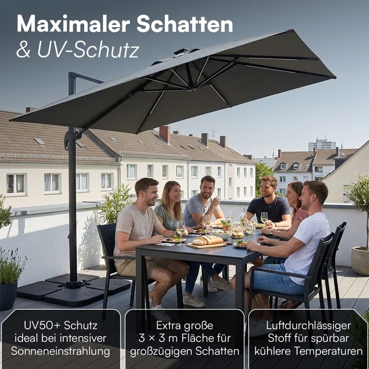 STEELSØN 'Lyrion' Sonnenschirm LED Solar 300x300 cm quadratisch, neigbar und 360-Grad drehbar, anthrazit, Ampelschirm inkl. Abdeckung, UV50+ – Bild 10