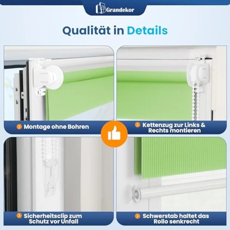 Grandekor Doppelrollo Klemmfix ohne Bohren Grün 90x150 cm(Stoffbreite 86cm) Fenster Rollos für innen Klemmrollos Duo Rollos für Fenster ohne Bohren mit Bohren Privatschutz UV-Schutz Zebrarollo – Bild 5