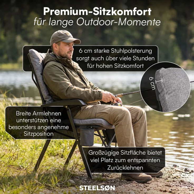 STEELSØN 'Hoggar' Set aus Campingstuhl mit Seitentasche & Getränkehalter und Hocker, faltbar, grau, gepolsterter Campingstuhl, bis 150 kg – Bild 3