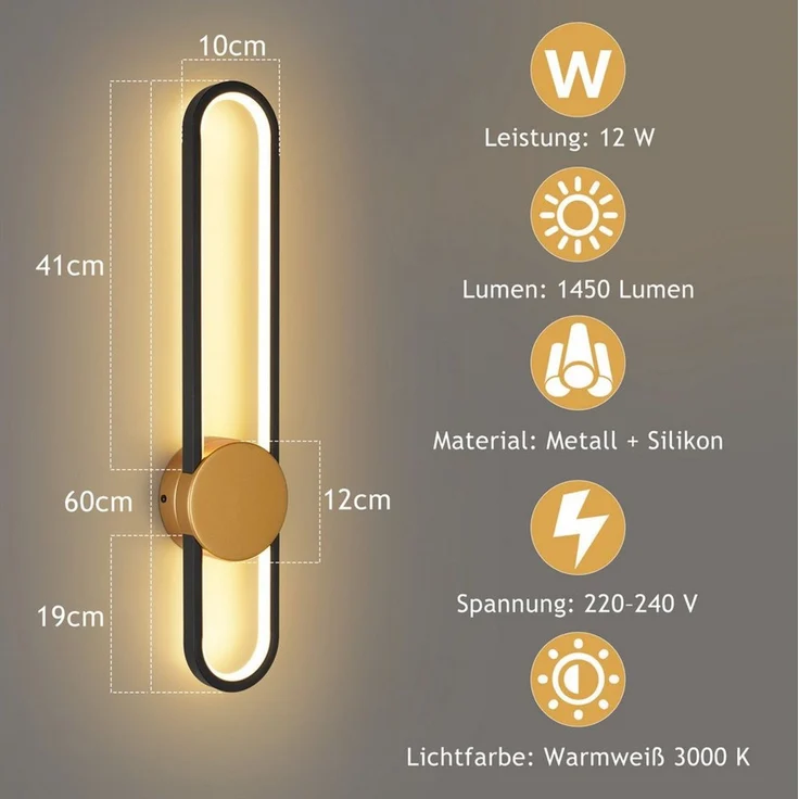 ZMH LED Wandleuchte Innen Wandlampe 12W 3000K U-Form Modern Flur Schlafzimmer Wohnzimmer, Innenleuchtend, LED fest integriert, warmweiß, 12W,1200lm, Warmweiß, vertikal oder horizontal montierbar – Bild 2