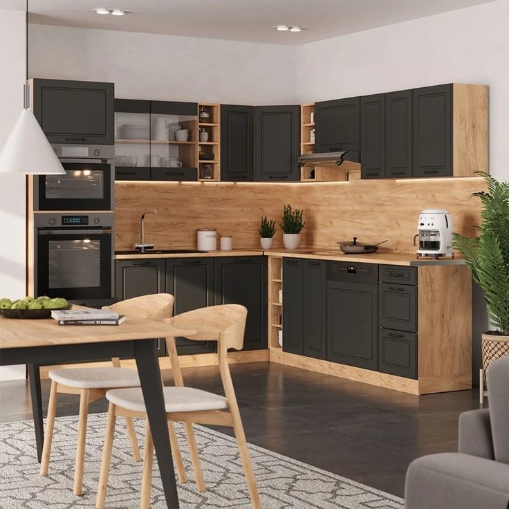 Eckküche R-Line Anthrazit Landhaus/Goldkraft Eiche 247 x 237 cm ohne Arbeitsplatte Vicco – Bild 3