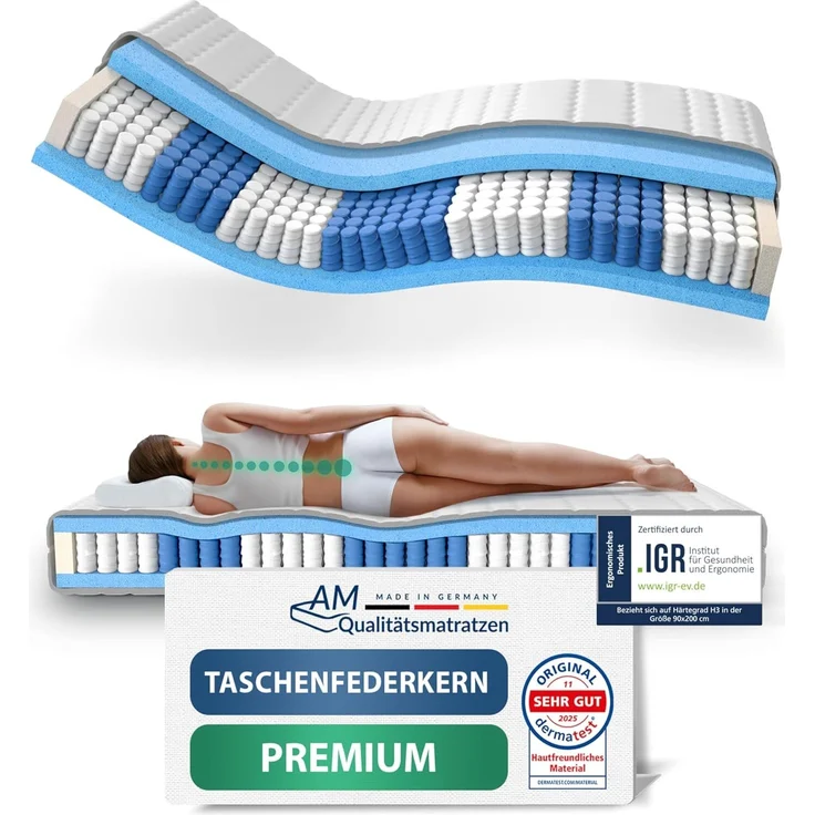 AM Qualitätsmatratzen Hochwertige 7-Zonen Taschenfederkernmatratze 120x210 cm - 24 cm Premiumhöhe - Tonnentaschenfederkernmatratze 120x210 cm - H5 extra fest