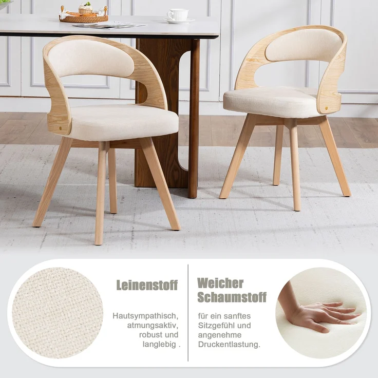 LVHOM Esszimmerstuhl 360° drehbar, 2er Set, Polsterstuhl aus Leinen und Massivholz, Küchenstuhl gepolstert, ergonomischer Schalenstuhl mit Armlehne, bis 150 kg – Bild 5
