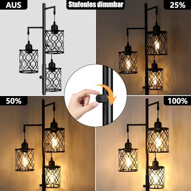 ROTTOGOON dimmbare 3-flammige Landhaus-Standleuchte 172cm - Industrielle Stehlampe mit 3x6W LED für Wohnzimmer, Schlafzimmer & Büro - Rustikale Stehleuchte, Schwarz – Bild 3