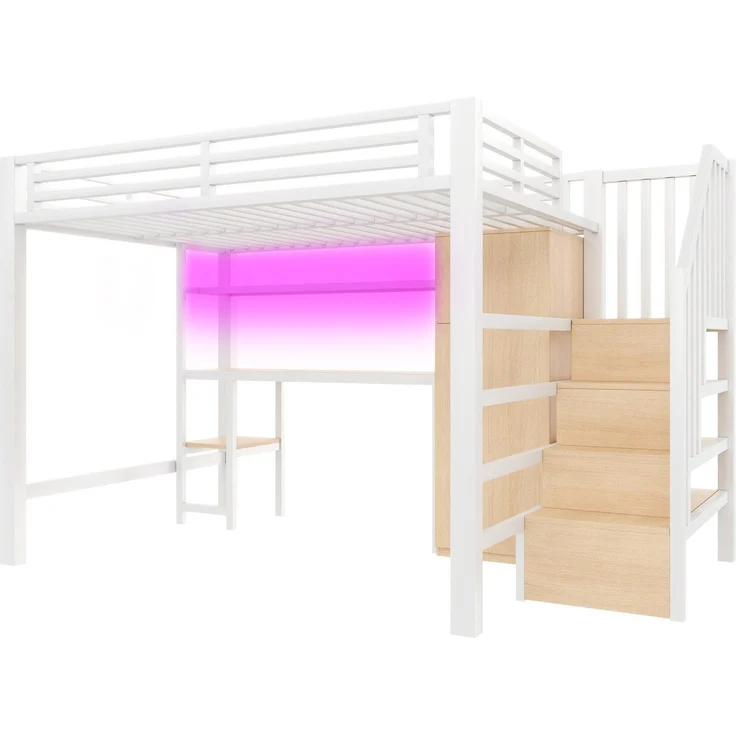 Hochbett mit RGB LED-Streifen, Schreibtisch, Treppe, Regal, Lattenrost und Kleiderschrank, 140x200 cm, Kinderbett mit Rausfallschutz, Metallbett – Bild 7