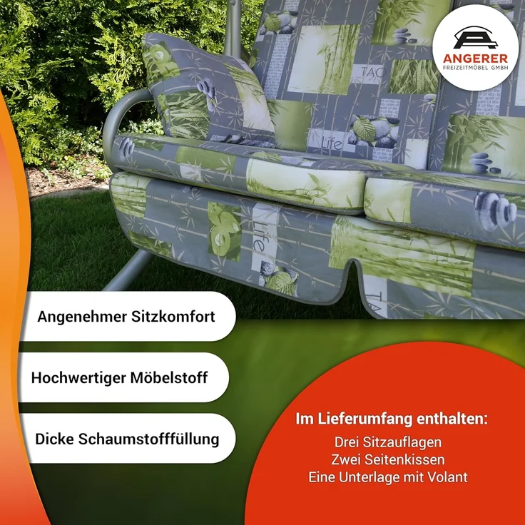 Angerer Freizeitmöbel GmbH Hollywoodschaukel Comfort - Gartenschaukel Made in Germany - Schaukel zum Sitzen, Liegen und Entspannen - mit Bett-Funktion - einfache Montage (Rot-Orange-Grün gestreift) – Bild 3