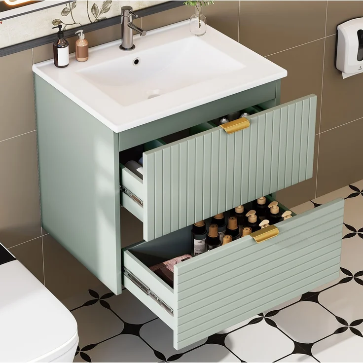 Wandhängender Waschtisch 61 x 46 x 57 cm mit Keramikbecken und zwei Schubladen – Mintgrün – Bild 3
