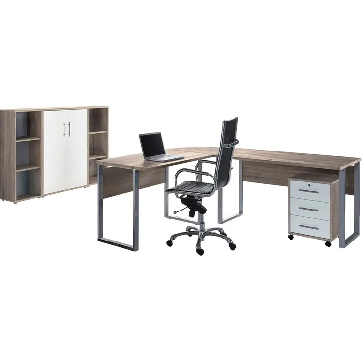 BMG Möbel Büromöbel-Set Office Edition Büromöbel Sonoma Eiche / Weiß Matt, (Schrank, Regal, Aktenschrank, Schreibtisch), Druckerschrank, individuell zusammenstellen