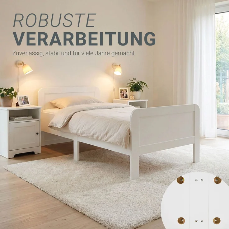 Komfortbett 90x200 Seniorenbett Höhenverstellbar Holzbett Einzelbett Weiß Hohes Bett Bettgestell – Bild 5