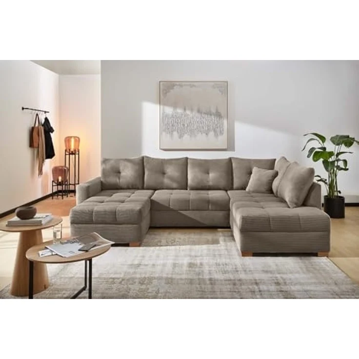 Wohnlandschaft U-Form Sofa groß Schlaffunktion Couch Bettkasten Cord Braun Taupe – Bild 2