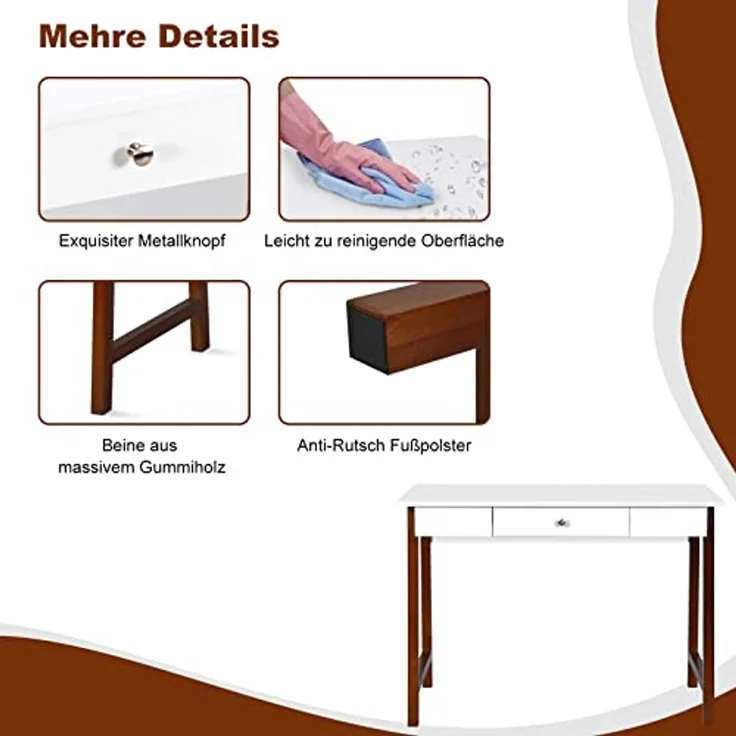 COSTWAY Schreibtisch mit Schublade, Computertisch Kautschuk Tischbeine 106x50x75,5cm, Schminktisch Bürotisch Hochglanz für Büro und Arbeitszimmer (Braun) – Bild 5