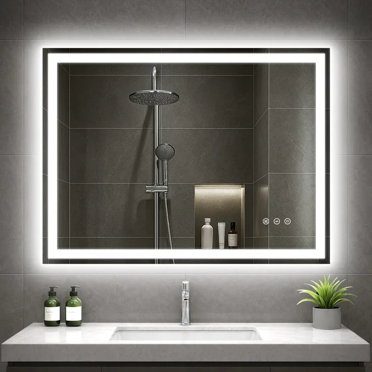 GIMBELEN LED Badezimmerspiegel 80x60 cm, beleuchteter Wandspiegel, 3 Lichtfarben, dimmbar, Anti-Beschlag, Memory-Funktion, HD-Glas 4 mm, IP44, horizontal/vertikal montierbar, Aluminiumrahmen, Schwarz