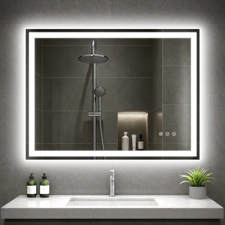 GIMBELEN LED Badezimmerspiegel 80x60 cm, beleuchteter Wandspiegel, 3 Lichtfarben, dimmbar, Anti-Beschlag, Memory-Funktion, HD-Glas 4 mm, IP44, horizontal/vertikal montierbar, Aluminiumrahmen, Schwarz – Bild 1