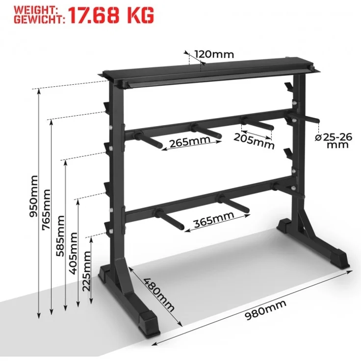 Physionics® Hantelablage - Ø 25 mm, max. 300kg, 3 Ebenen, Schwarz - Hantelständer, Kurzhantelständer, Langhantelständer, Hantelscheibenständer für Hantelscheiben, Langhantelstangen und Kurzhanteln – Bild 5