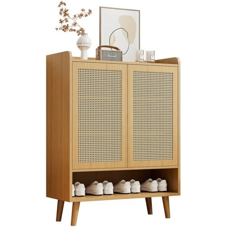 OKWISH Schuhschrank aus natürlichem Rattan mit 2 Türen und 5 Regalböden,B80/H105/T35 cm – Bild 4