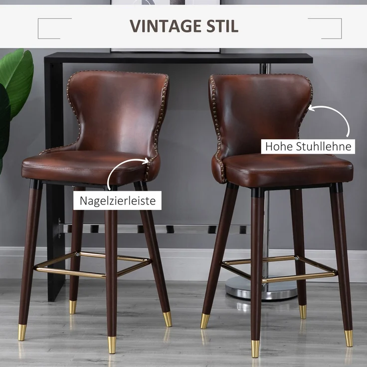 Barhocker 2er-Set eleganter Bistrostuhl mit Fußstütze & Rückenlehne, Esszimmerstuhl PU Braun 52x53x101cm--Braun--52x53x101cm--YOUDENOVA – Bild 4