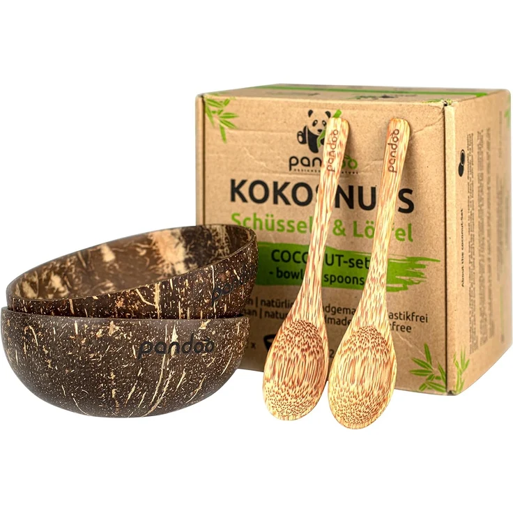 pandoo Schüssel Kokosnuss-Set, 2 Schüsseln und 2 Löffel, 100% Kokosnuss – Bild 1