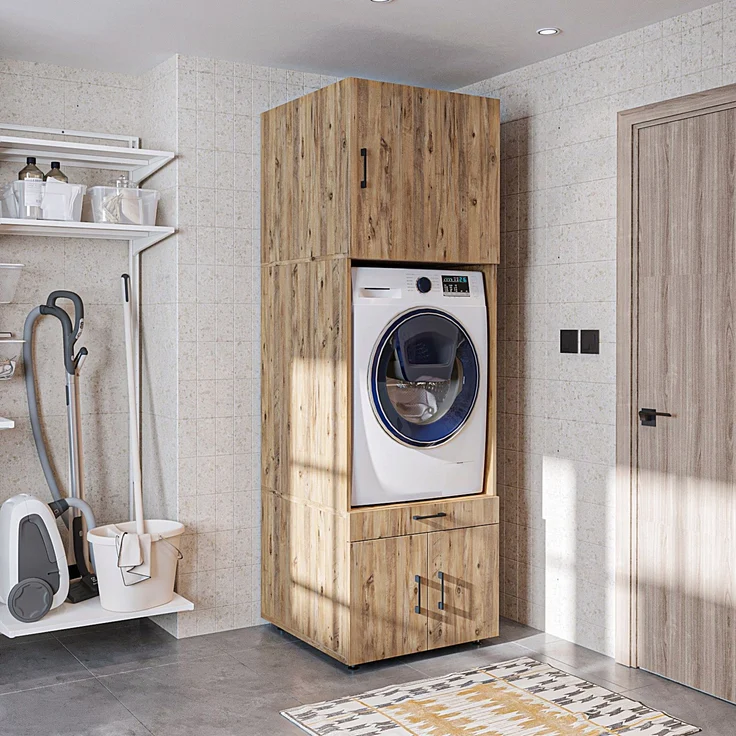 Roomart Waschmaschinenschrank 205 cm – Überbau, Ausziehbrett, Schublade | • Eiche – Bild 1