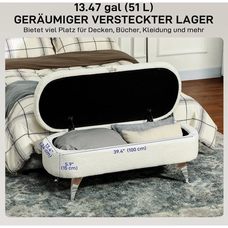 HOMCOM Sitzbank mit Stauraum Polsterbank mit Teddysamtoptik, Sitztruhe mit Metallbeine, Truhenbank für Wohnzimmer Schlafzimmer Flur 114 x 47 x 46,5 cm, Weiß – Bild 4