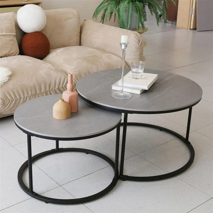 FATIVO 2er Couchtisch Set Rund Wohnzimmertisch aus Sinterstein Beistelltisch Sofatisch Metall 80x80x45cm Grau – Bild 9