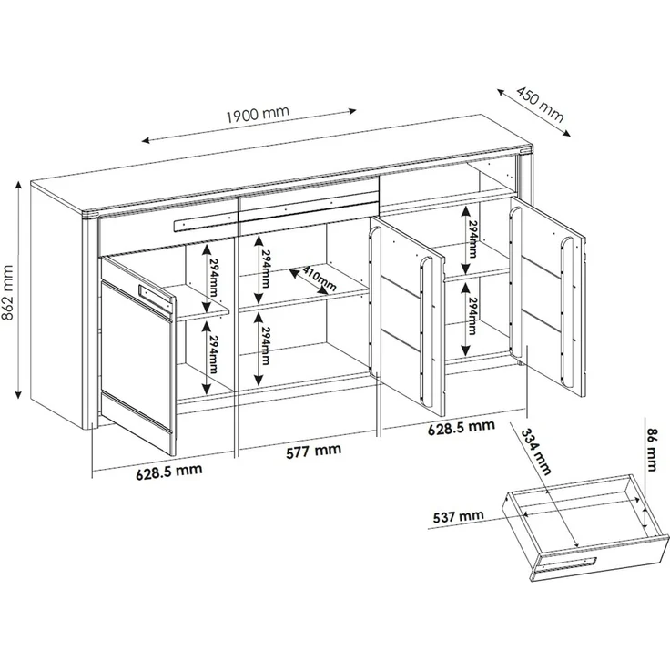 Sideboard >Nature One< 3 Türen, 3 Schübe, FSC, in Kernbuche teilmassiv - 190x86x45cm (B/H/T) – Bild 4