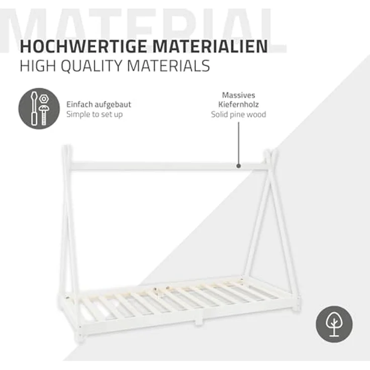 ML-DESIGN Spielbett Hausbett Tipi Zeltbett inkl. Lattenrost Bodenbett Kinder Himmelbett, Abenteuerbett zum Spielen Zelt Kinderbett Kiefer Bettenhaus Bett Weiß – Bild 9