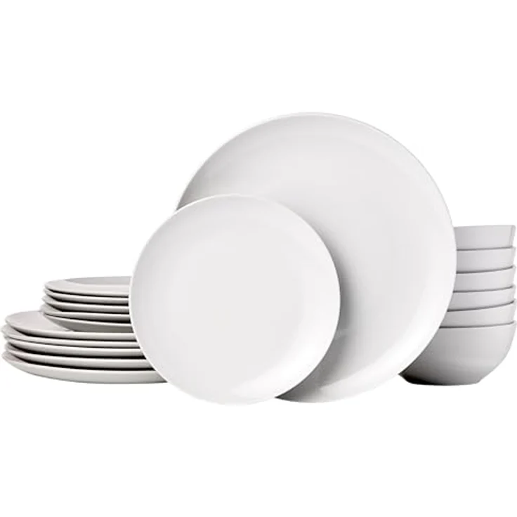 AmazonBasics Geschirrservice, 18-teilig, Weißes Porzellan Coupe, für 6 Personen – Bild 2