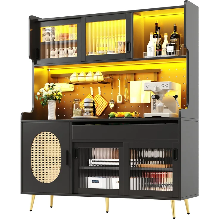 Seitenboard / Aufbewahrungsschrank / Küchenschrank / Buffetschrank, 145x39x171cm, Landhausstil, 5 Türen, mit LED-Lichtleiste & Ordnungslockplatte, Fluted Glas Türen, Braun/Schwarz – Bild 9