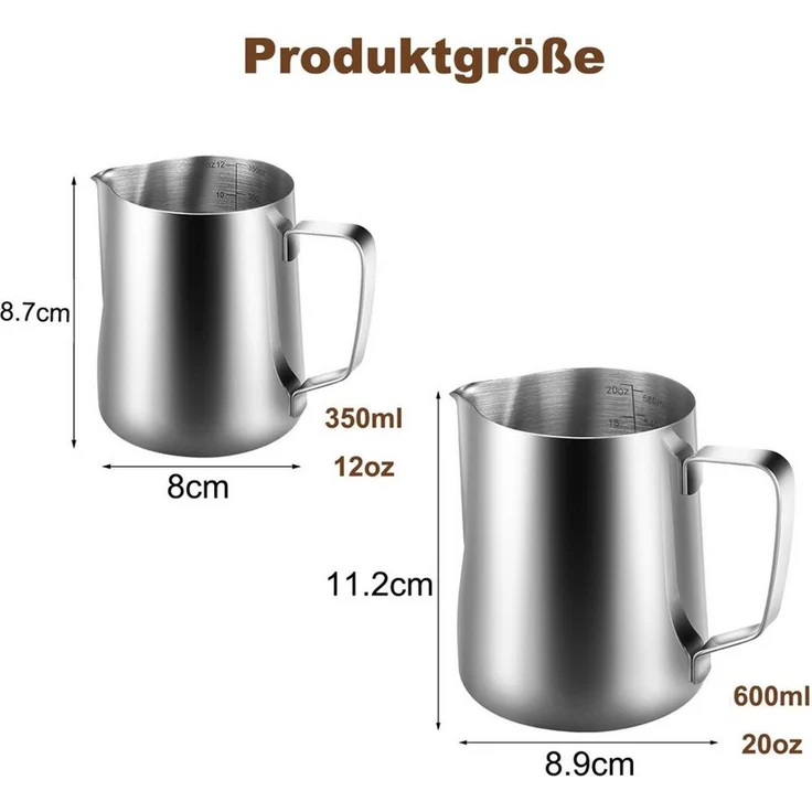 SURFOU Milchkännchen Edelstahl Milchkanne Barista Zubehör Milchaufschäumer Milchbehälter, 0.35 l, (Handheld Aufschäumkännchen Set, Kaffee Creamer Milch Aufschäumer Kännchen Tasse mit Messung Mark und Latte Art Pen, Milchkännchen perfekt für Barista Cap... – Bild 2