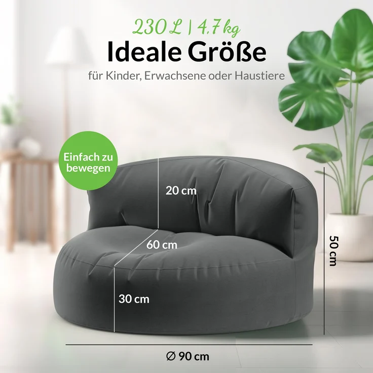 Green Bean® Sitzsack ergonomische Rückenlehne, waschbarer Bezug, mit Füllmaterial dunkelgrau, 90x50 cm – Bild 3