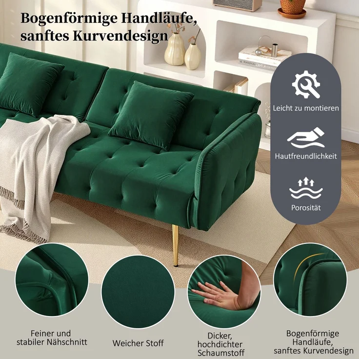 Merax Zweisitzer-Multifunktions-Sofabett mit Bettfunktion, verstellbarer Rückenlehne + mehrstelligen Armlehnen. Modernes Faltsofabett, Grün – Bild 6