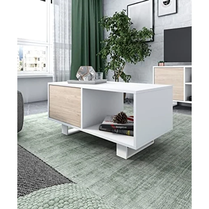 Skraut Home Möbelset Wind| Wohnzimmer/Esszimmer-Set | bestehend aus 1 TV100 und 1 Couchtisch | Weiß/Eiche | Füße weiß – Bild 3