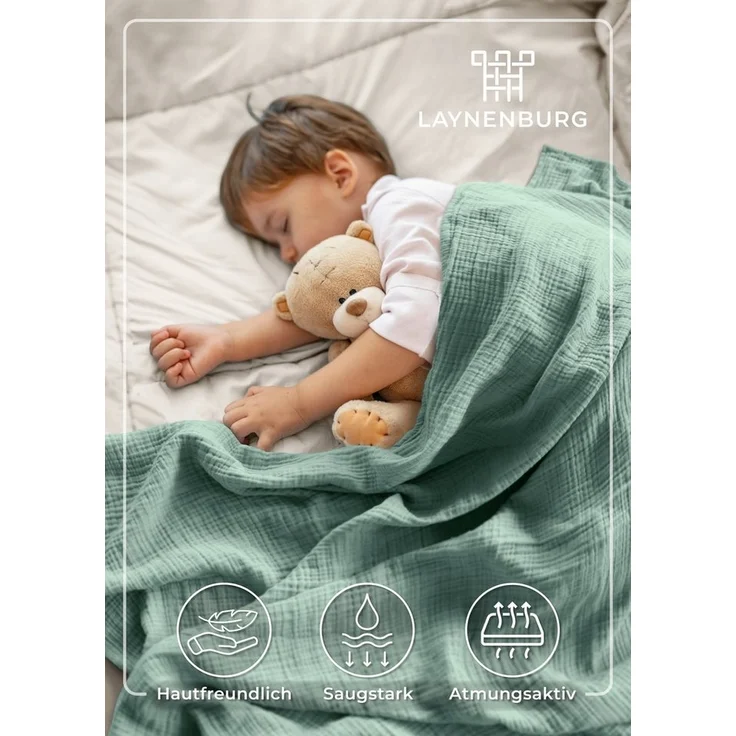 Babydecke Premium Musselin Babydecke 4-lagige Decke aus 100% Baumwolle, Laynenburg, Musselin Babydecke, Kuscheldecke oder Schlafdecke, Pucktuch, Spucktuch – Bild 1