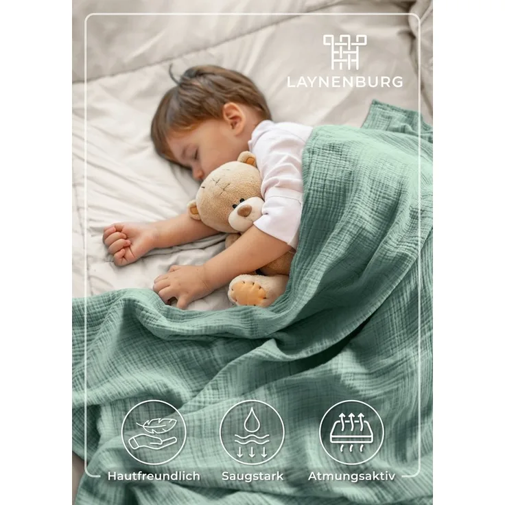 Babydecke Premium Musselin Babydecke 4-lagige Decke aus 100% Baumwolle, Laynenburg, Musselin Babydecke, Kuscheldecke oder Schlafdecke, Pucktuch, Spucktuch