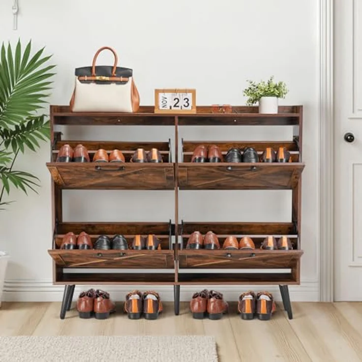 VEVOR Schuhschrank mit 4 Klappen & Kippschutz, platzsparender Schuhkipper, freistehender Schuhregal-Organizer für den Eingang Flur Wohnzimmer Veranda, Vintage Schuhregal 120 x 24 x 105 cm Braun – Bild 3
