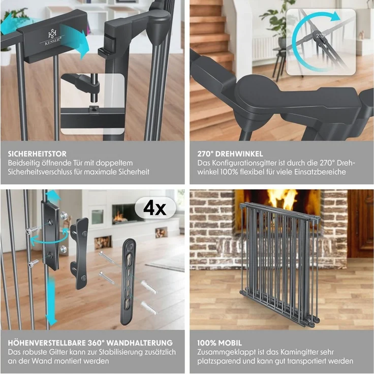 KESSER Kaminschutzgitter mit Tür und höhenverstellbare 360°-Wandhalterung, Metall, 300x75 cm – Bild 3