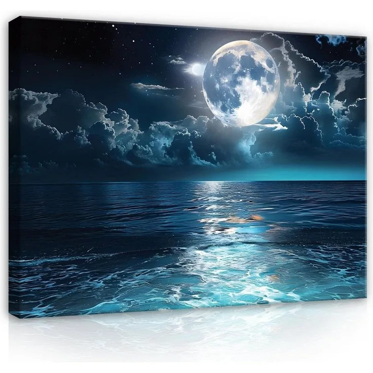 Wallarena Leinwandbild Ozean Mond - Blau - Modern - Schlafzimmer, Ozean, 40 x 30 x 2 cm