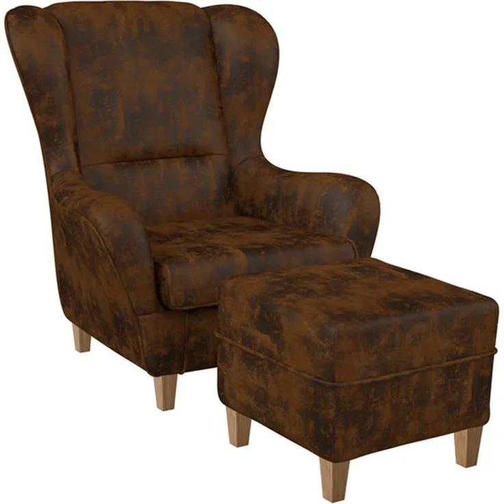 Supellex Sofia Ohrensessel mit Hocker | Design Kunstleder Hellbraun