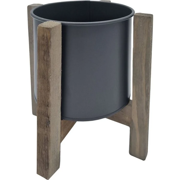 Spetebo Übertopf Metall Blumen Topf m. Holz Ständer grau - 20 cm – Bild 4