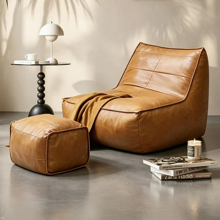 Sitzsack-Sessel 80cm×93cm×75cm mit Hocker in Braun – ergonomische Form und kompakte Relaxlösung – Bild 1