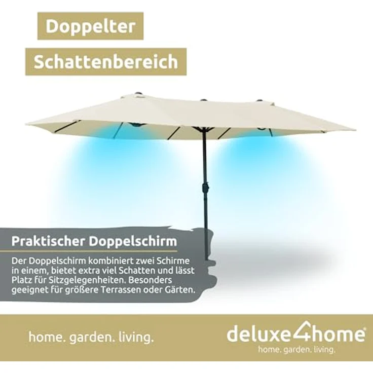 deluxe4home XXL Doppelsonnenschirm 450cm x 260cm, faltbar mit Handkurbel, Creme – Bild 2