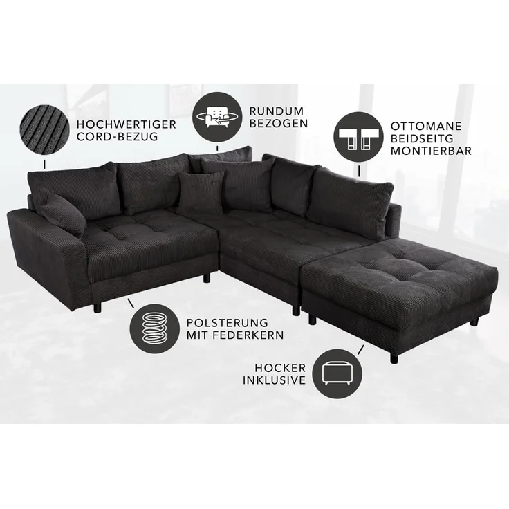 riess-ambiente Ecksofa KENT 220cm dunkelgrau, Set 2 Teile, Wohnzimmer · Couch · Cord-Bezug · Federkern · inkl. Hocker · Design – Bild 7