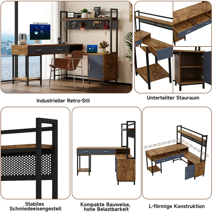 L-förmiger Schreibtisch 140x140x135 cm mit Stauraum, MDF und Metall – Bild 9