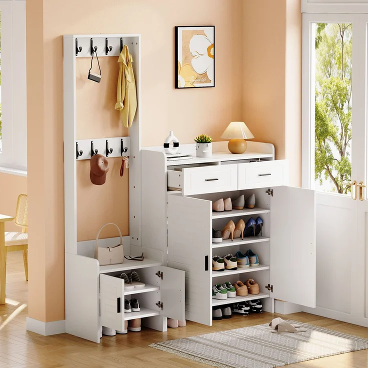 Faumrta Garderoben- und Schuhschrank-Set für den Eingangsbereich mit 2 Schubladen, 2 Schranktüren, 6 Ablagen und 8 Haken. Ideal für Flur und Eingangsbereich. Farbe: Weiß,125*36*165CM125CM*32CM*165CMWeißMDF (Medium-Density-Faserplatte) – Bild 3