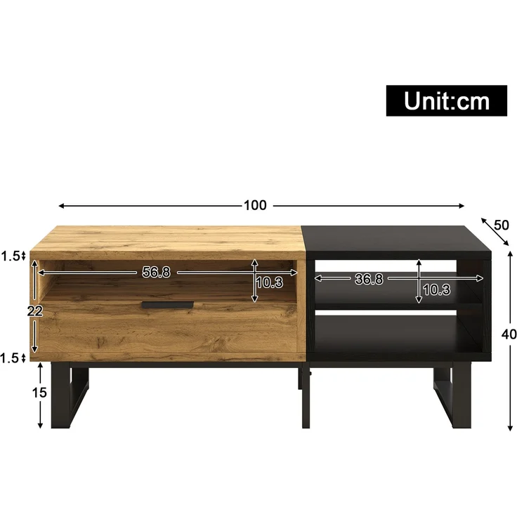 Couchtisch mit Schublade und 3 offenen Fächern, Wohnzimmertisch in Schwarz-Holz-Optik – Bild 7