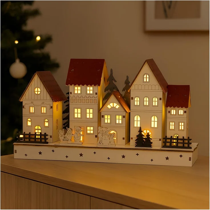 HTI-Living Batteriebetrieben LED Holz Weihnachtsdorf mit Wintermotiv – Bild 3