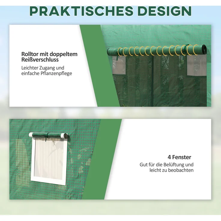 Wohnora-Gewächshaus mit Fernster, Tür, Foliengewächshaus aus Stahl, Treibhaus mit PE-Gitterfolie für Balkon, Garten, Tomatenhaus 300x100x200cm, Tomatengewächshaus für Gemüse, Blumen, Pflanzen, Grün,H 200cm x T 300cm x B 100cm – Bild 2