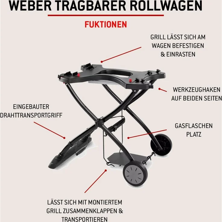 Weber Rollwagen/Für Gasgrills der Q-Serie, Klappbares Design mit Rädern, Integrierter Tragegriff, 16,5 x 75,5 x 71,5 cm (eingeklappt), 63,5 x 53,5 x 71,5 cm (ausgeklappt) – Bild 3